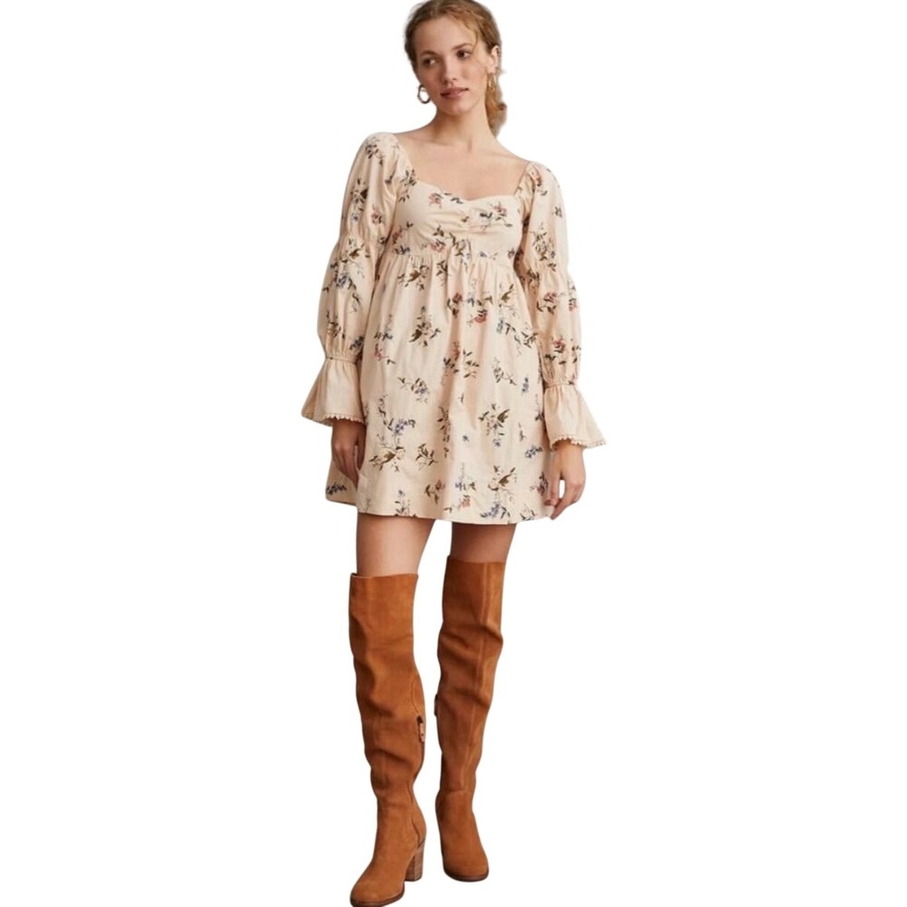 Anthropologie Floral Embroidered Smocked Mini Dress Beige Long Sleeve Small
